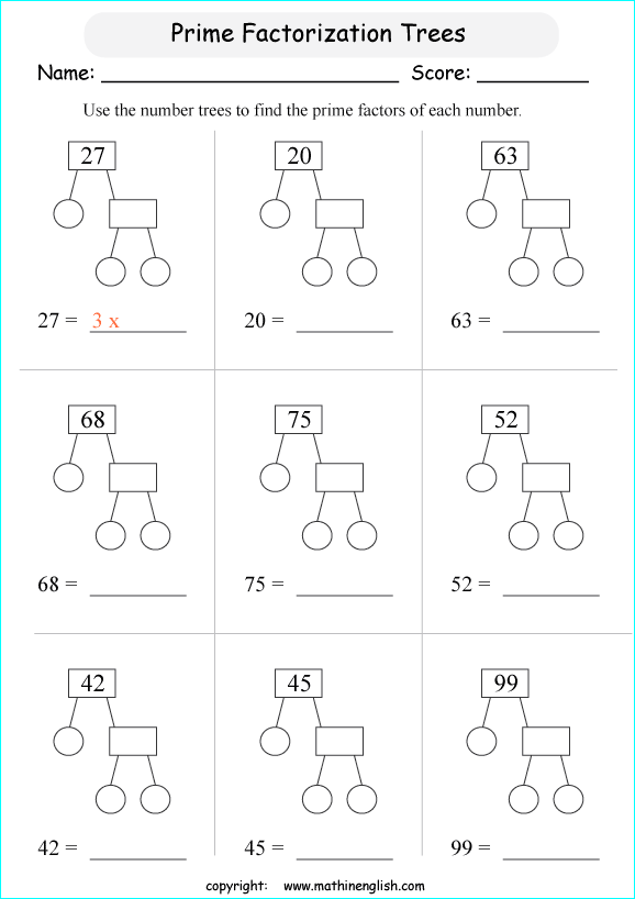 Factor tree worksheet for fourth graders to learn about factors and multiplication
