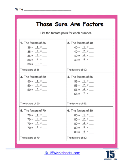 Fourth grade math worksheet for identifying factor pairs of two-digit numbers