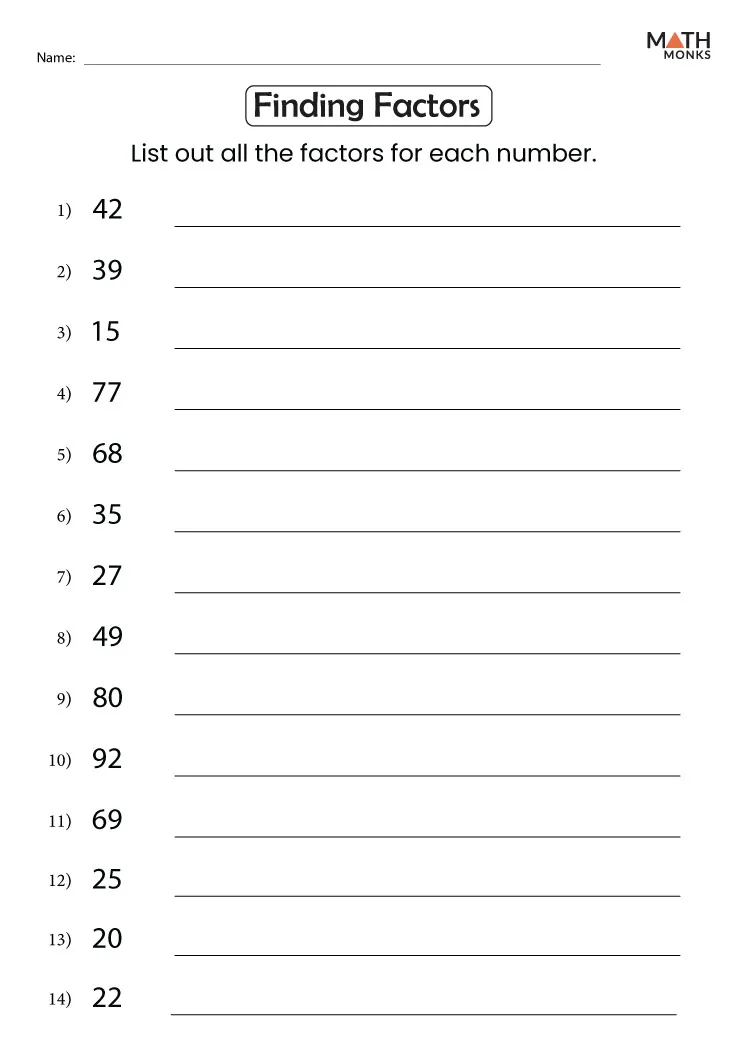 Fourth grade student completing a finding factors multiplication worksheet