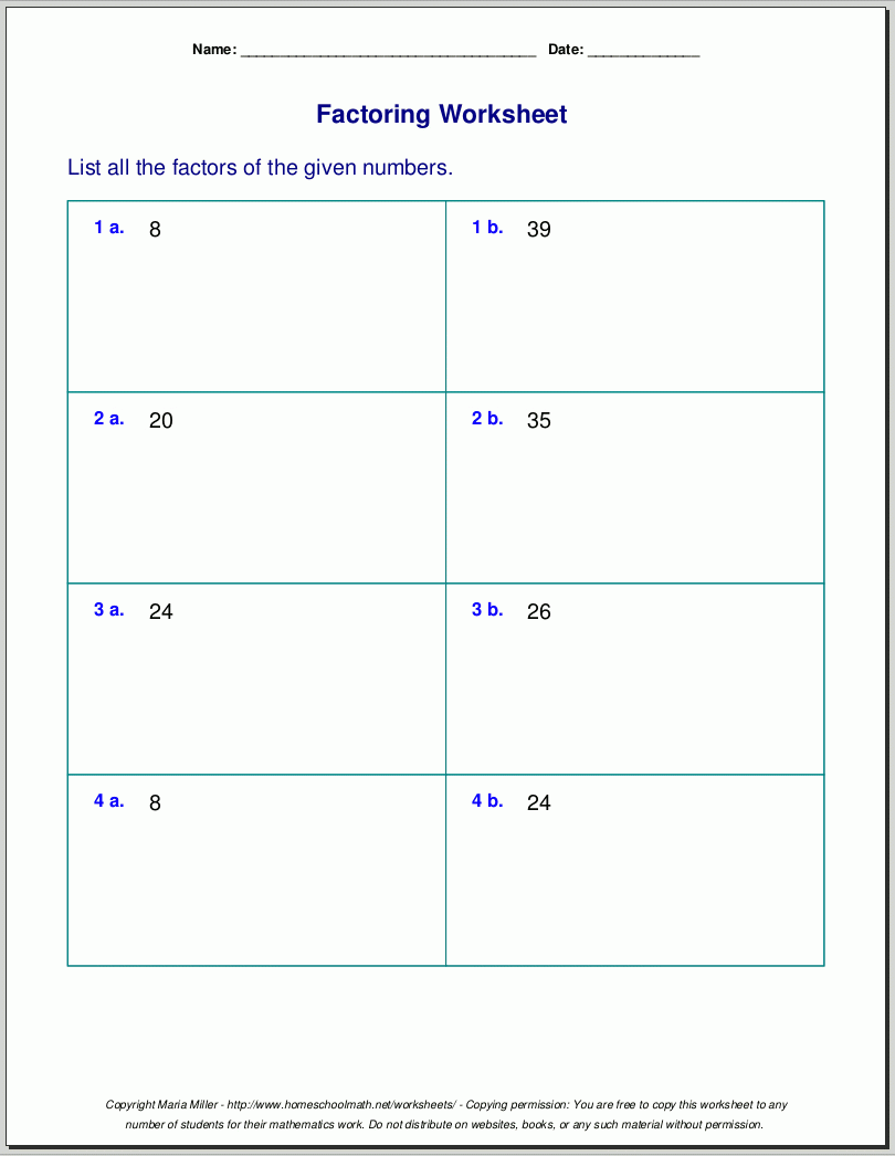 Fourth grade math worksheet for identifying factor pairs of two digit numbers