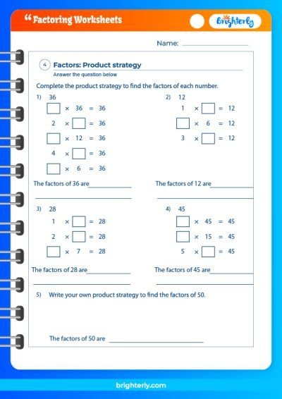 Fourth grade student completing a finding factors worksheet to practice multiplication skills