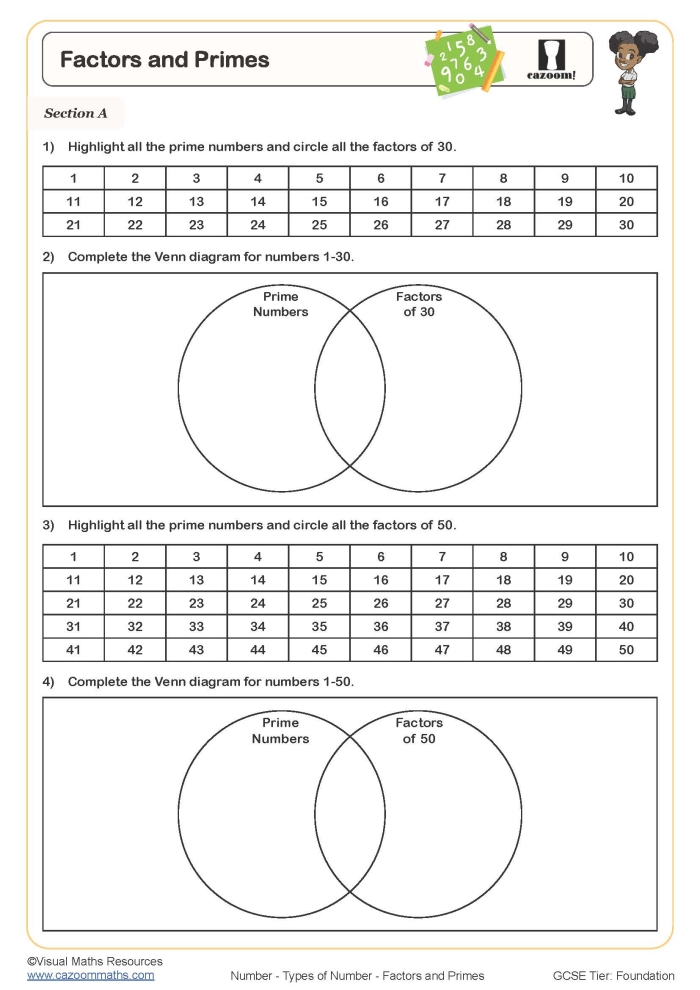 Worksheet featuring the Find the Factors activity for fourth-grade students exploring two-digit numbers