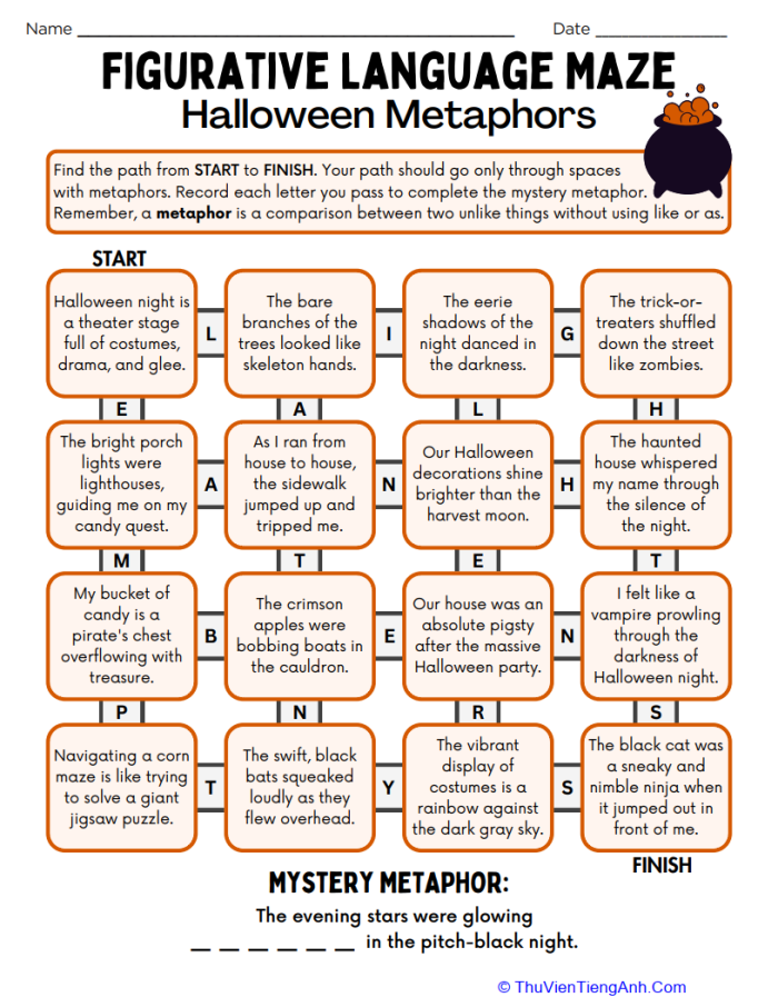 Colorful figurative language maze worksheet featuring fall similes for elementary writers A fall-themed maze activity showing simile examples with autumn leaves and seasonal imagery for fourth grade students