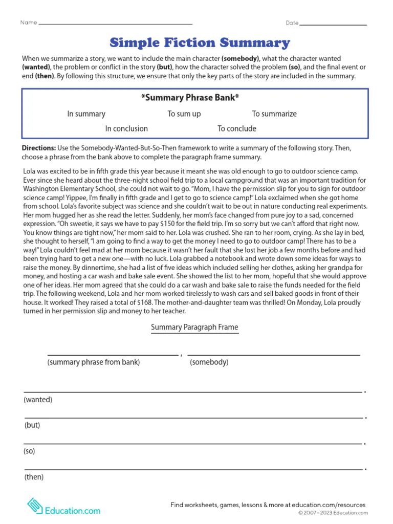 Simple Fiction Summary Worksheet for Elementary Students Learning Story Structure Fourth grade students completing a Simple Fiction Summary worksheet using the Somebody-Wanted-But-So-Then story structure