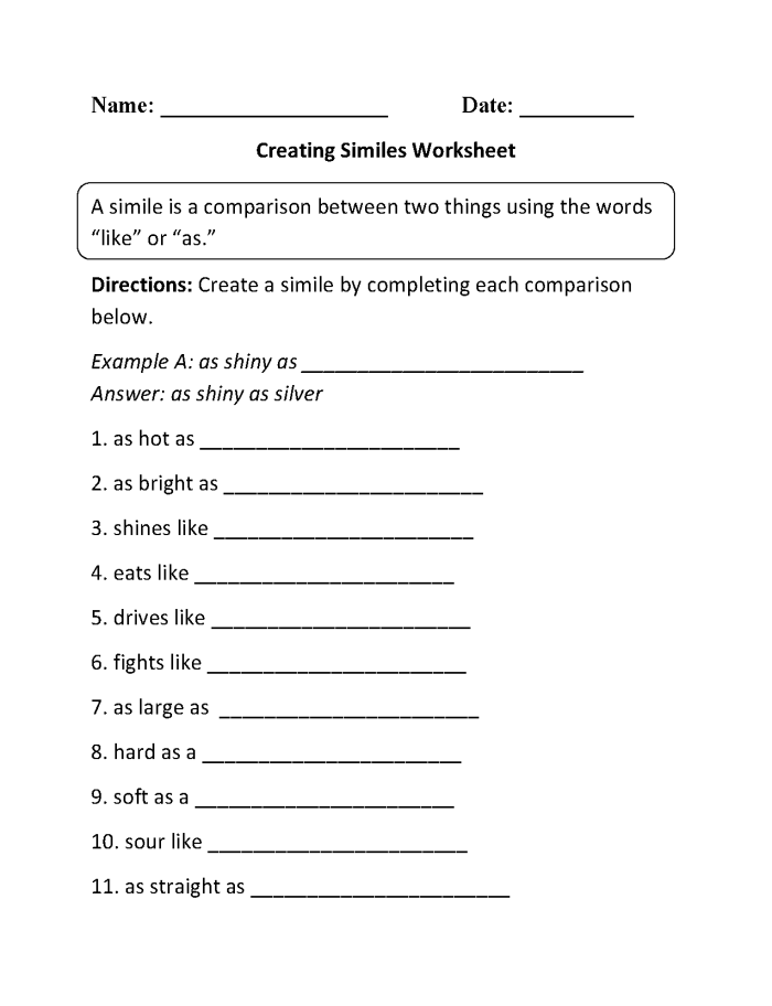 Metaphors and Similes Review Worksheet for Elementary Readers Fourth grade students comparing metaphors and similes in a colorful worksheet exercise about figurative language