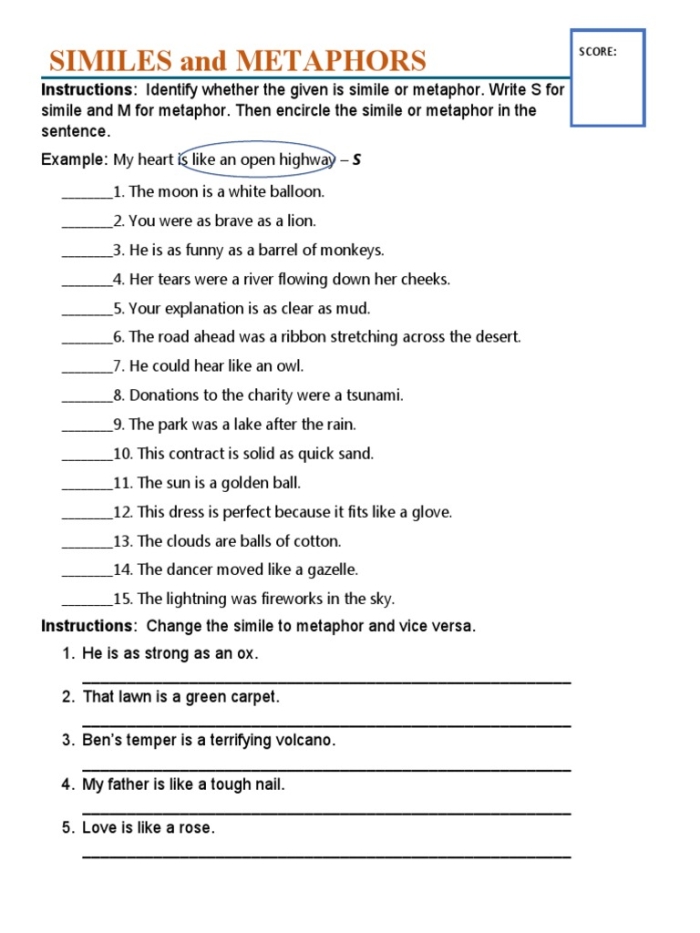 Review Metaphors and Similes Worksheet Grade 4 Activity 7 Fourth grade students identifying metaphors and similes on a colorful figurative language worksheet