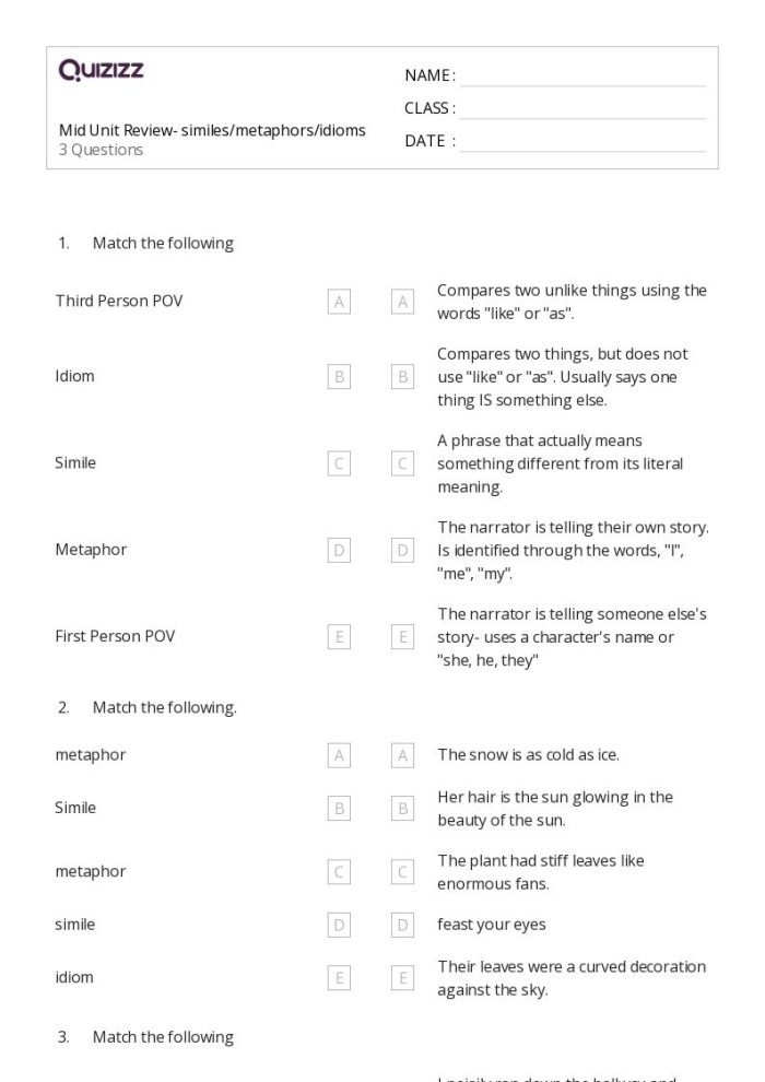 Reviewing Metaphors and Similes Worksheet for Fourth Grade Reading Practice Fourth grade students practicing figurative language with a metaphors and similes worksheet