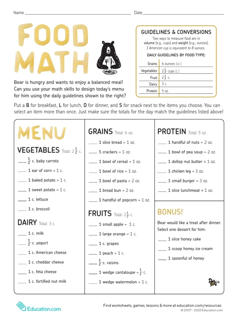 Engaging worksheet focusing on nutrition guidelines, decimals, and fractional concepts for students Colorful Food Math worksheet designed for fourth graders to explore fractions and conversions