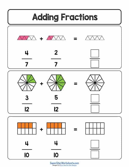 Worksheet for adding fractions designed for fourth graders