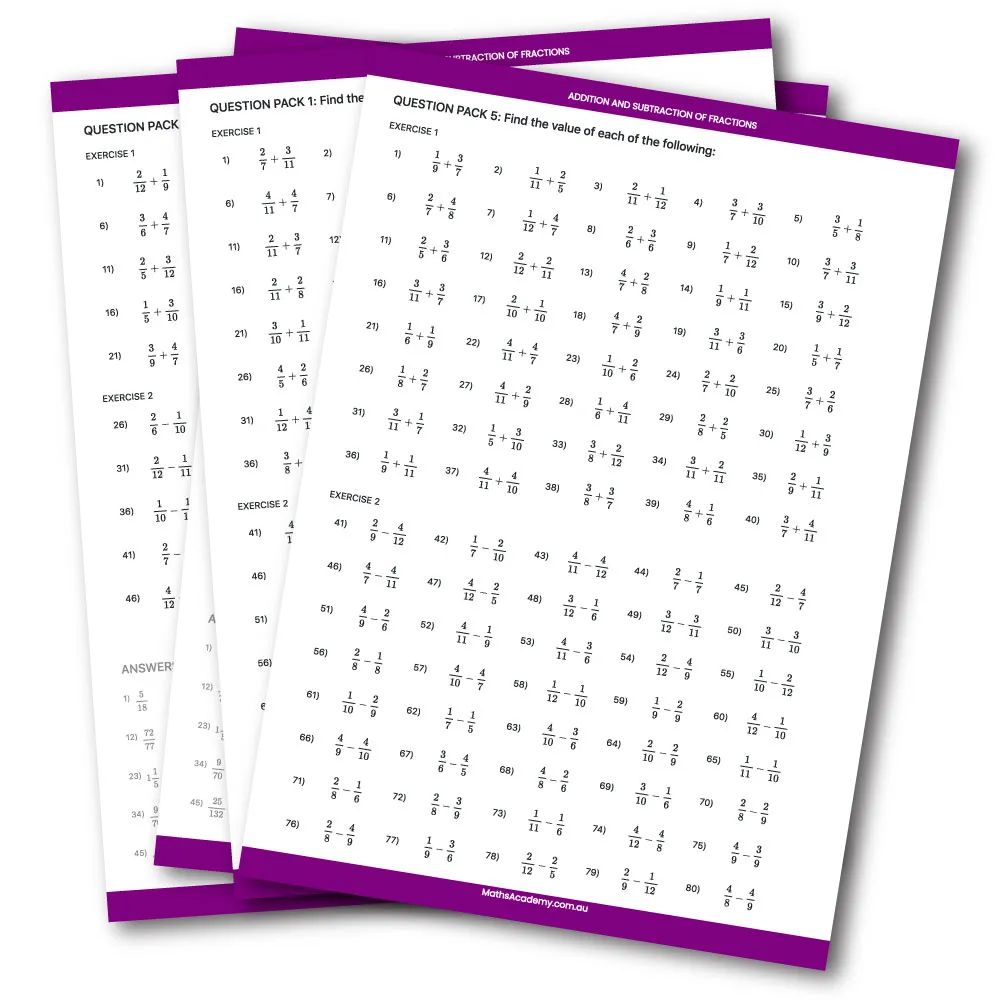 Worksheet for practicing addition and subtraction of fractions for fourth graders