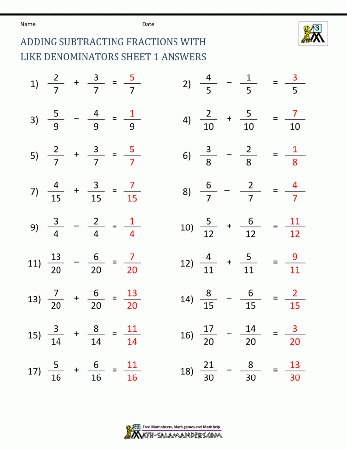 Fourth grade student worksheet featuring addition and subtraction problems with fractions