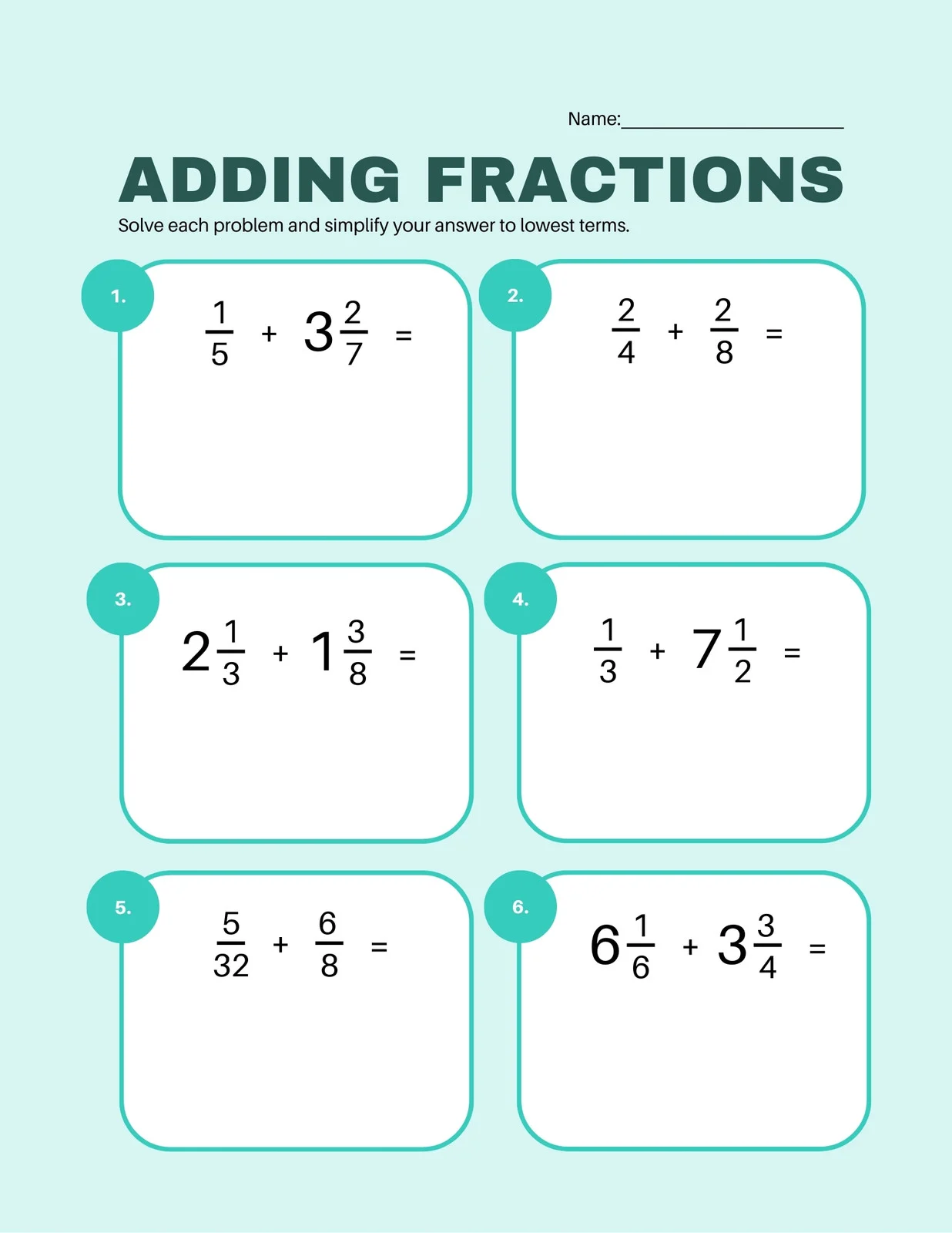 Worksheet for practicing addition and subtraction of simple fractions for fourth graders