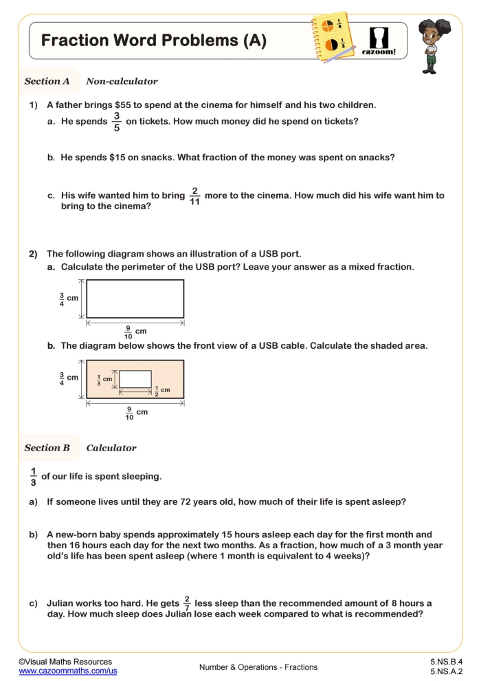 Fourth grade student working on a Comparing Fractions Word Problems Level 2 worksheet with real-world scenarios