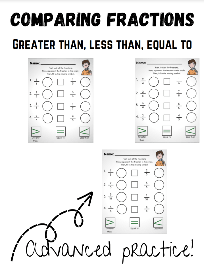 Fourth grade student comparing fractions using a worksheet with 25 math problems