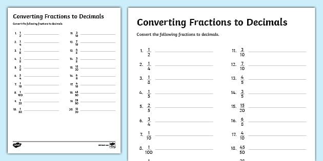 Fourth grade math worksheet featuring practice problems for converting fractions to decimals