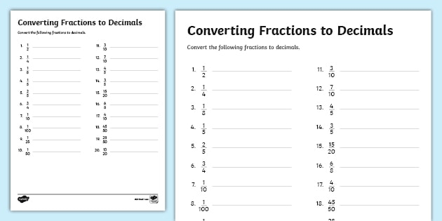Worksheet for practicing the conversion between fractions and decimals for fourth graders