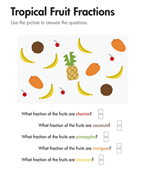 Crazy Coconut Fractions worksheet 16 for grade four math students Fourth grade student practicing addition of fractions with common denominators on the Crazy Coconut worksheet 16