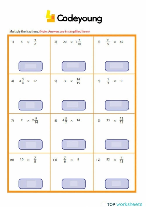 Worksheet image for whole number and fraction multiplication practice for fourth graders Illustration of a worksheet for teaching multiplication of whole numbers and fractions