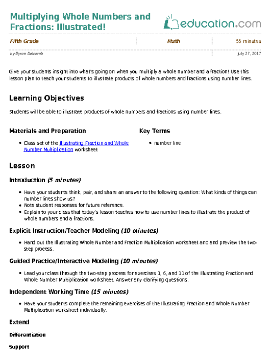 Visual guide for teaching whole number and fraction multiplication in a classroom setting Worksheet illustrating the concept of multiplying whole numbers by fractions for fourth graders
