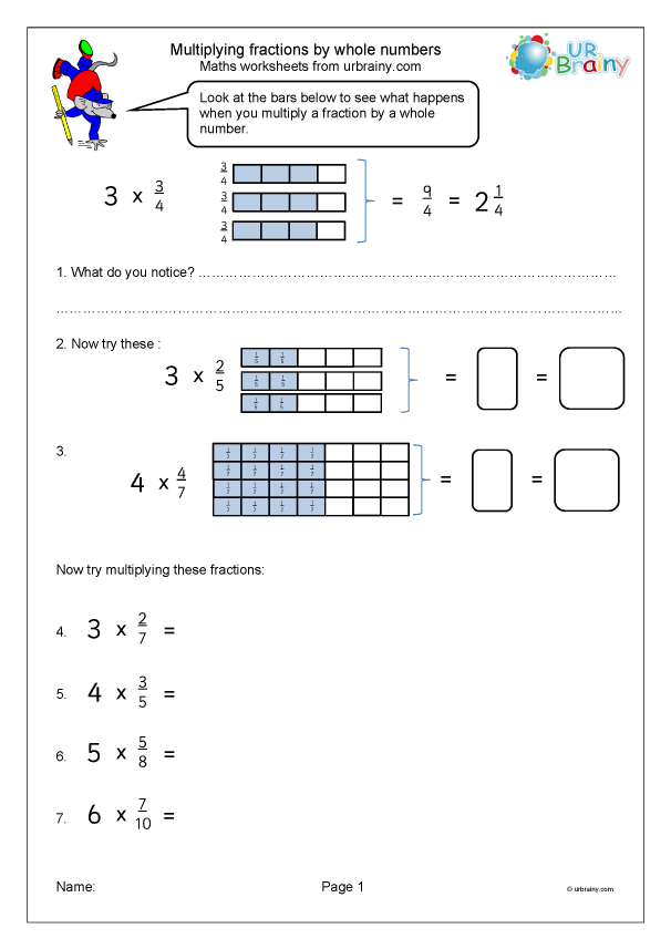 Fourth grade worksheet featuring problems for multiplying fractions by whole numbers