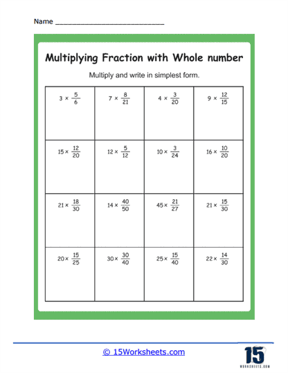 Fourth grade math worksheet for practicing multiplication of fractions by whole numbers