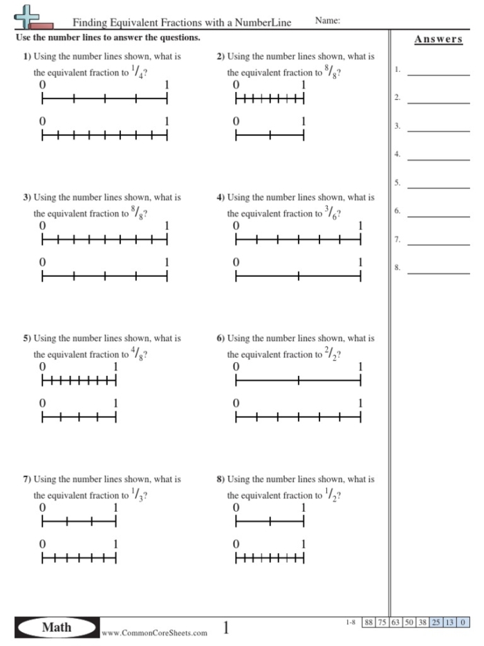A student uses a pencil to mark equivalent fractions on numbered segments in this fourth grade division exercise