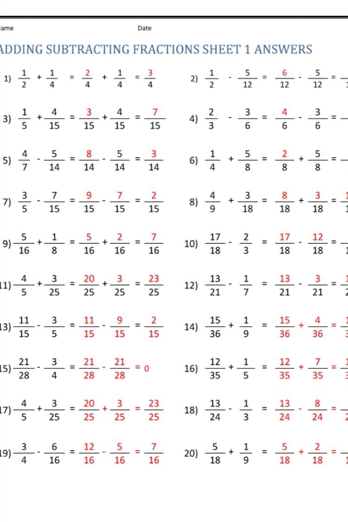 Worksheet for fourth graders to practice adding and subtracting simple fractions