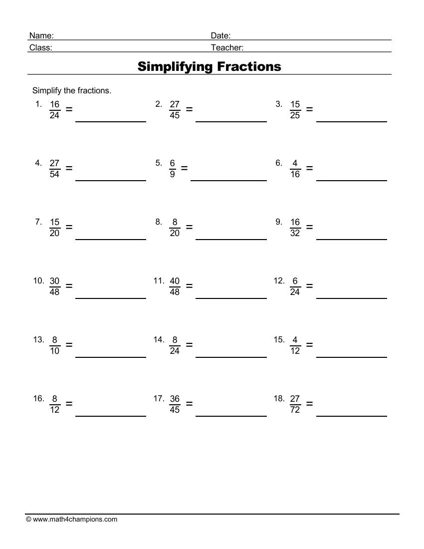 Simplifying Fractions Worksheet for Grade 4 Math Practice 15 A printed fourth grade math worksheet focusing on the practice of simplifying fractions