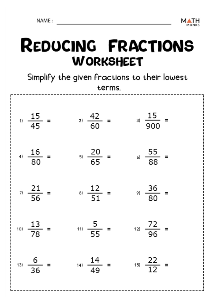 Simplifying Fractions Practice Exercise 12 for Elementary Math Students Fourth grade math worksheet showing practice problems for reducing fractions to their simplest form with visual fraction models and answer spaces
