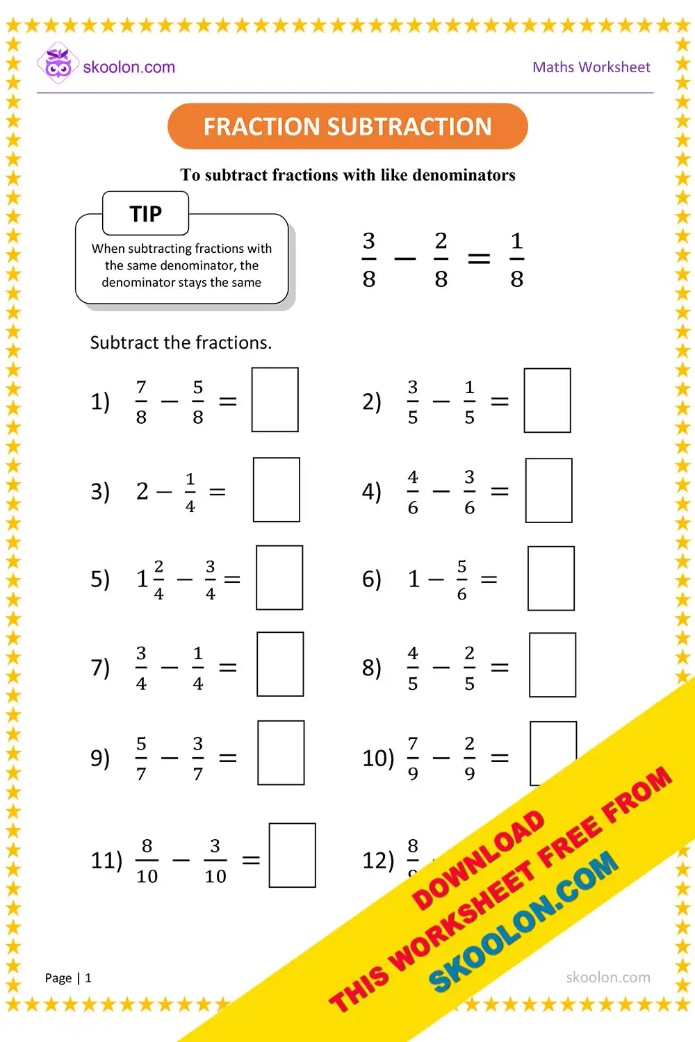 Fourth grade math worksheet featuring addition and subtraction problems with simple fractions