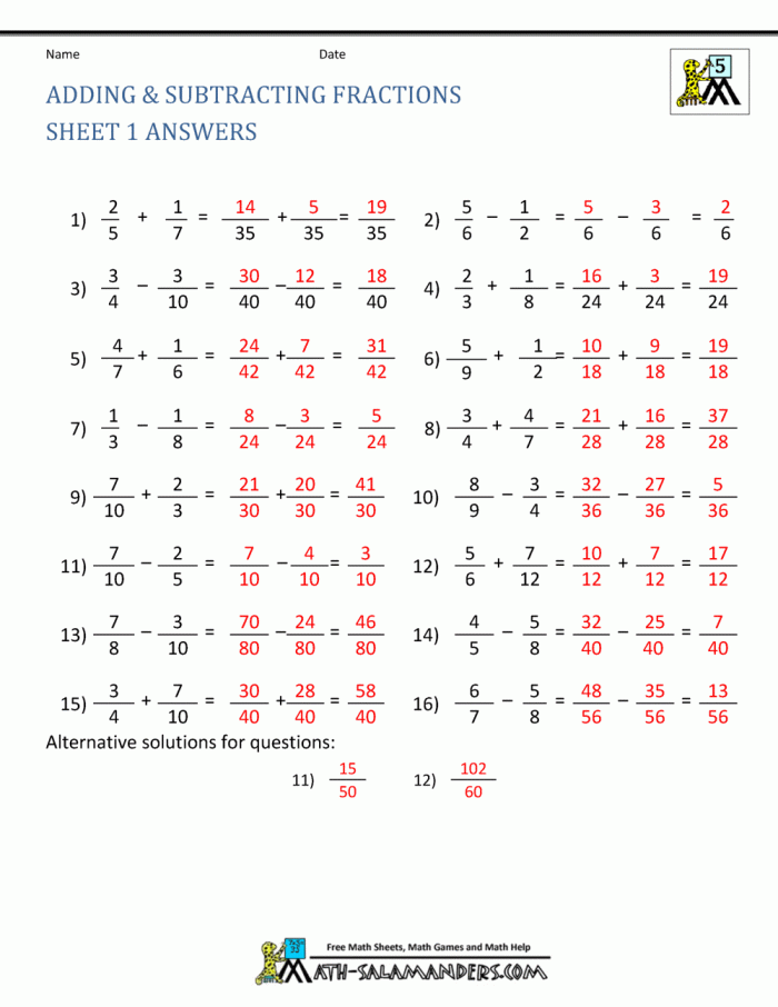 Fourth grade student working on a math worksheet for adding and subtracting simple fractions