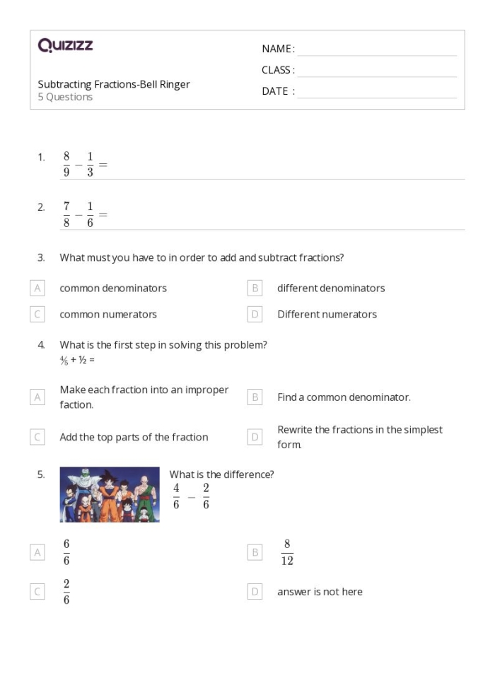 Subtracting Like Fractions Practice Problems for Elementary Students Fourth grade math worksheet showing subtraction problems with fractions that share the same denominators