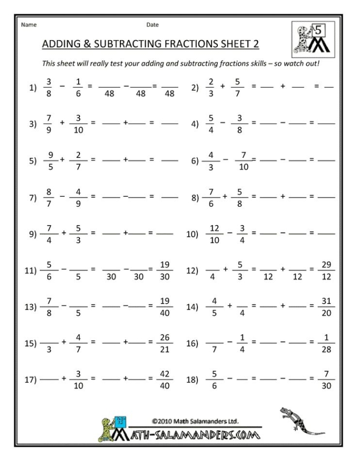 Fourth grade math worksheet featuring addition and subtraction problems for fractions
