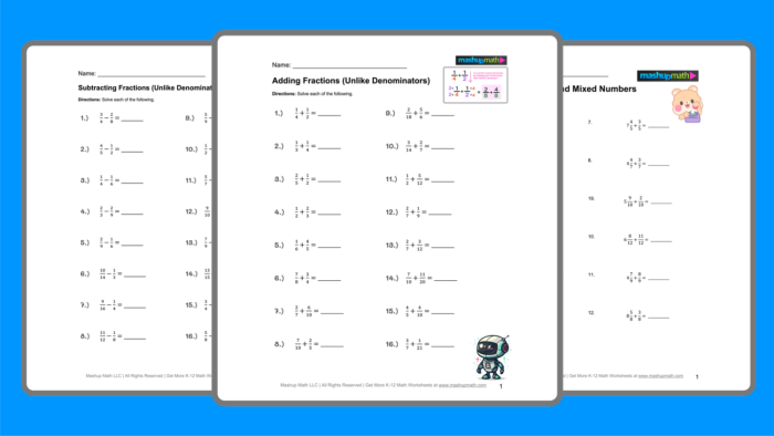 Fraction Addition and Subtraction worksheet for fourth graders featuring simple fraction problems