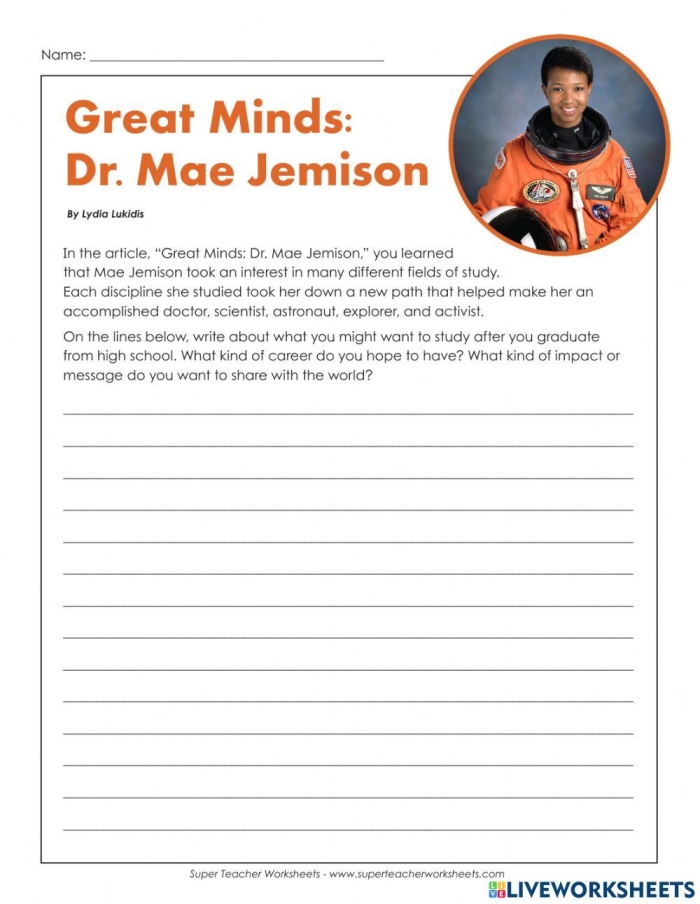 Worksheet featuring astronaut Mae Jemison for fourth-grade students learning about fractions