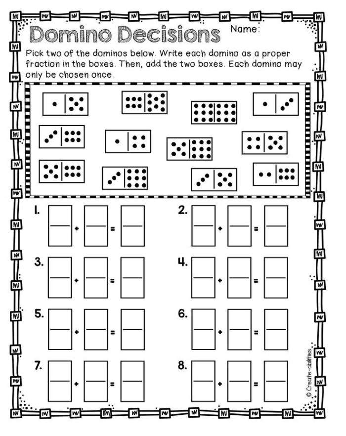 Fourth grade student working on an addition of fractions worksheet with visual diagrams