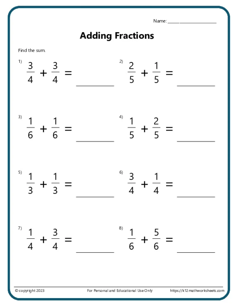 Fourth grade math worksheet for learning how to add simple fractions