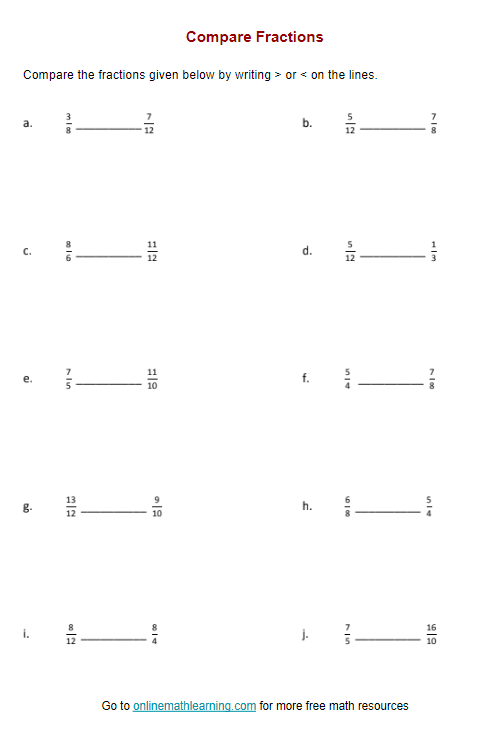 Fourth grade student completing a challenging worksheet on comparing fractions with different denominators