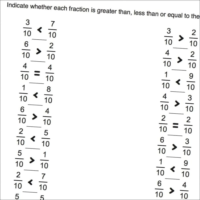 Worksheet for comparing fractions with greater than or less than symbols for fourth graders