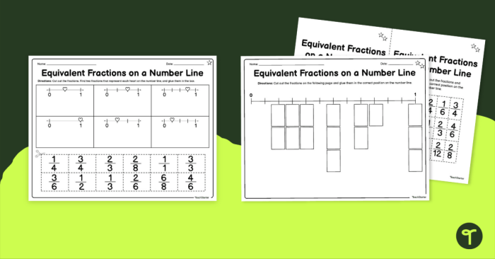 A student completing a fourth-grade math worksheet by marking equivalent fractions on number line diagrams