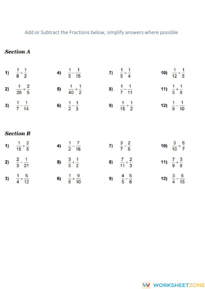 Adding and Subtracting Fractions Quiz Worksheet 14 for Fourth Grade Math Students Fourth grade students practice adding and subtracting fractions with like denominators in this two-part worksheet quiz 14