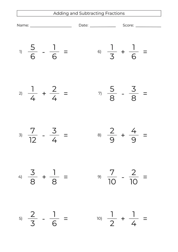 Fourth grade student completing an adding fractions math worksheet for algebra practice