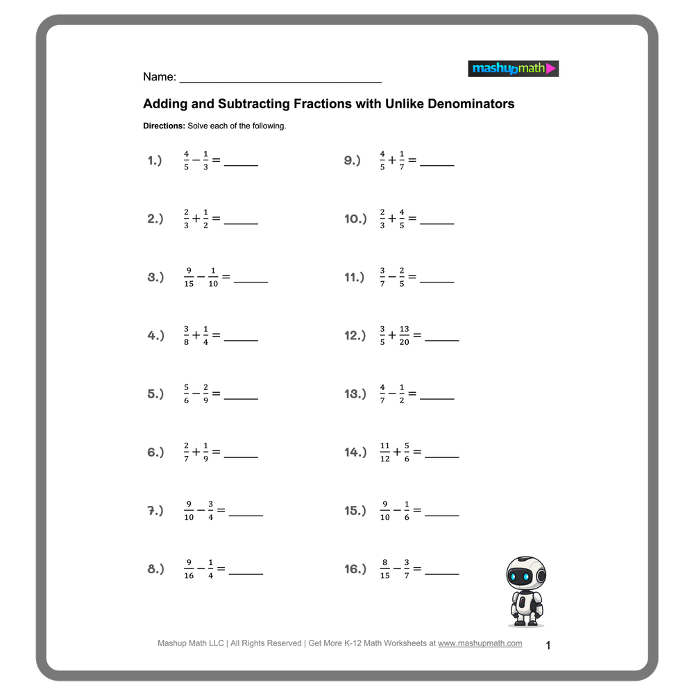 Adding and Subtracting Fractions Quiz Worksheet 17 for Fourth Grade Math Students Fourth grade students practice adding and subtracting fractions with like denominators on this printable two-part quiz worksheet