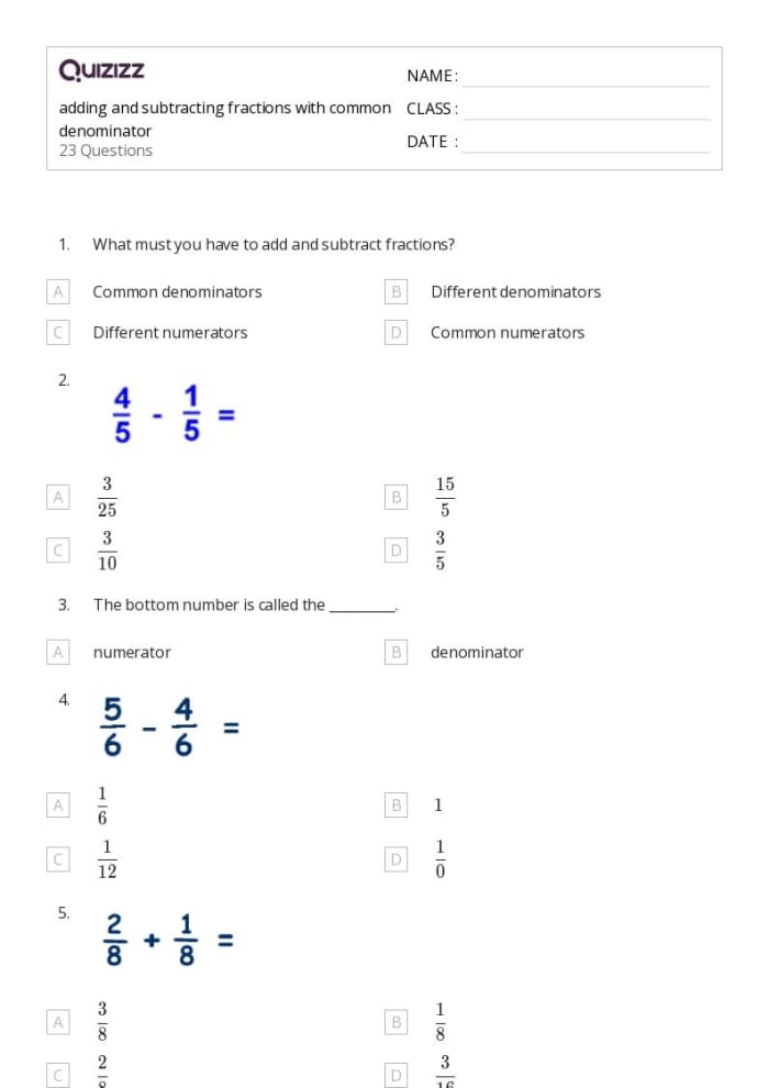 Adding and Subtracting Fractions Quiz Worksheet Fourth Grade Math Practice 4 Fourth grade students completing a math quiz on adding and subtracting fractions with like denominators