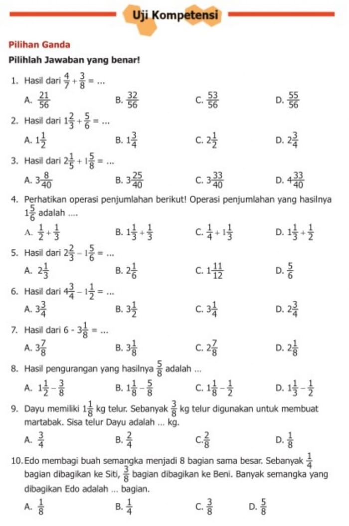 Adding and Subtracting Fractions Quiz Worksheet Seven for Fourth Grade Students Fourth grade math worksheet featuring a two-part quiz on adding and subtracting fractions with like denominators