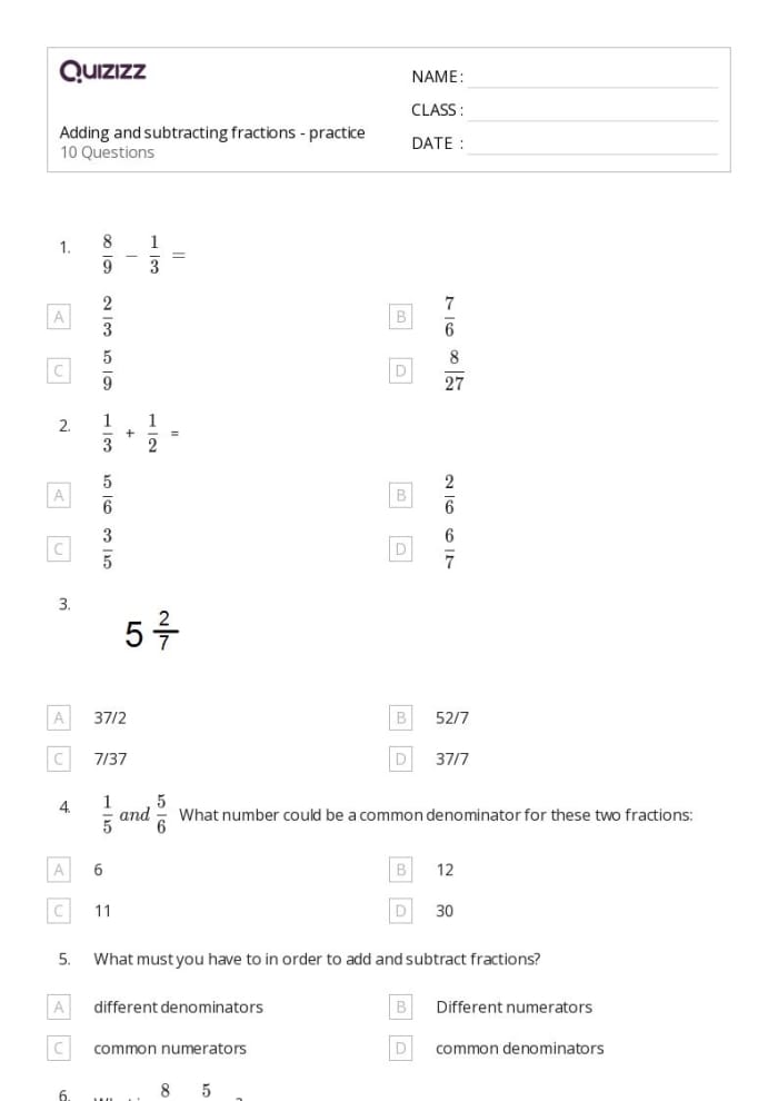 Adding and Subtracting Fractions Quiz Worksheet Part 10 Fourth grade math worksheet featuring a two-part quiz on adding and subtracting fractions with like denominators