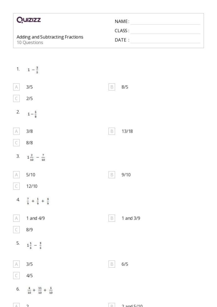 Adding and Subtracting Fractions Quiz Worksheet 18 Fourth grade math worksheet featuring adding and subtracting fractions with like denominators