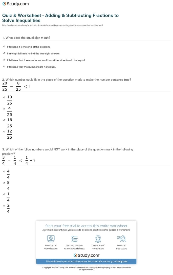 Adding and Subtracting Fractions Quiz Worksheet for Grade 4 Worksheet featuring a quiz on adding and subtracting fractions with like denominators for fourth graders