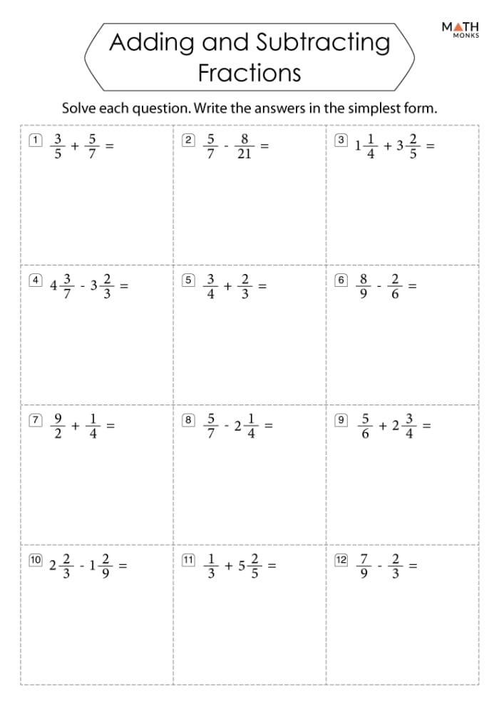Adding and Subtracting Fractions Quiz Worksheet 24 Fourth grade math worksheet featuring adding and subtracting fractions with like denominators part twenty four
