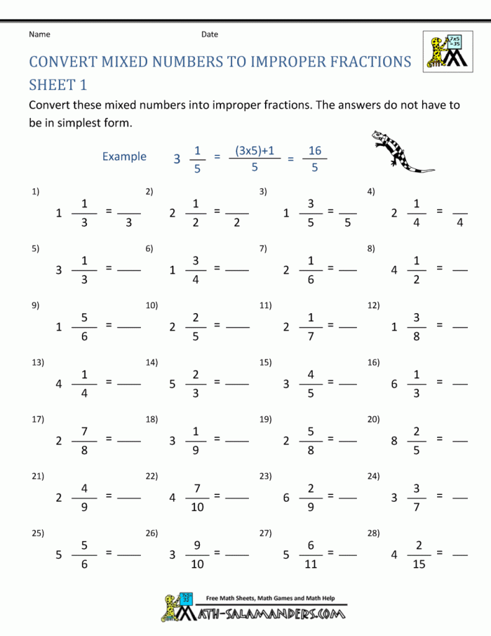 Grammar and Mechanics worksheet for Fourth Grade Colorful worksheet for fourth graders on converting improper fractions to mixed numbers. Engaging activity to enhance understanding of fractions with fun illustrations.
